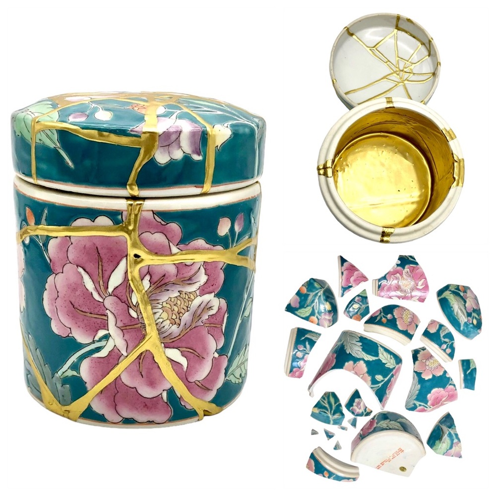 Kintsugi Container Stash Pot Chinese Floral Porcelain Gold Crack Growth Gift